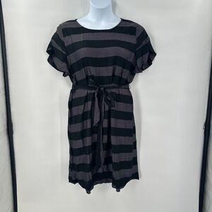LOFT Dress size Large Black Gray Striped Flutter Sleeve Belted Rayon‎